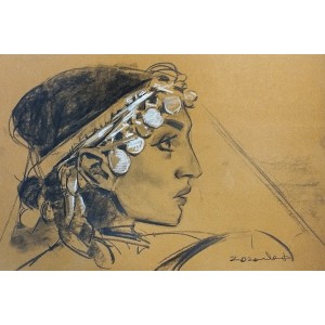 Doda Baloch, Women with Head or naments , 9.4 x 14.4 Inch, Charcoal & Chalk  On Paper, Figurative Painting, AC-DDB-014